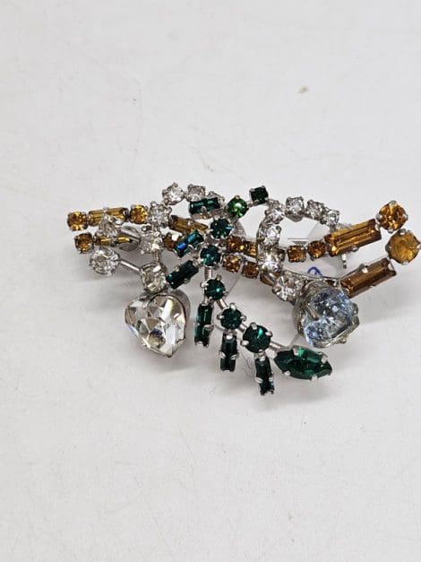 Plated Blue, Brown and Clear Large Spray Brooch- Vintage Costume Jewellery