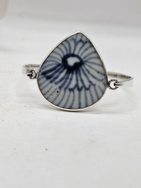 Sterling Silver Blue and White Ceramic Large Teardrop Shape Bangle