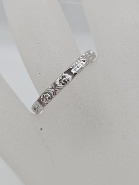 18ct White Gold Ornate Patterned Wedding Band Ring - Antique / Vintage