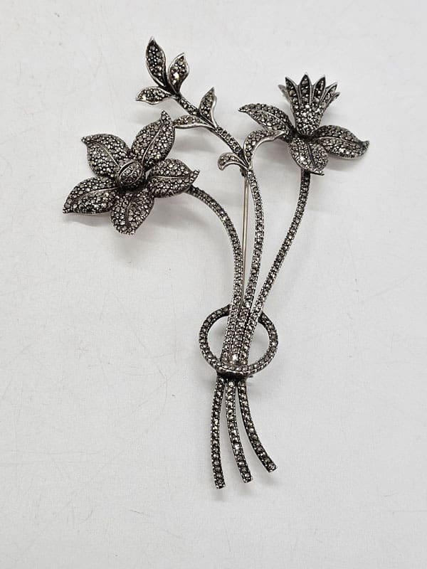 Sterling Silver Marcasite Large and Long Floral Spray Brooch - Antique / Vintage
