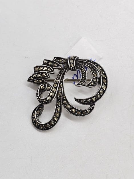 Sterling Silver Marcasite Curvedl Spray Brooch - Antique / Vintage