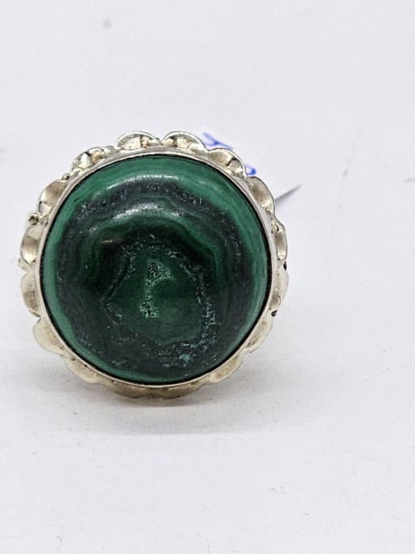 14ct White Gold Very Large Round Malachite with Ornate Twist Rim Rings - Antique / Vintage