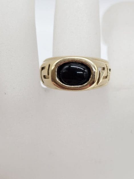 14ct Yellow Gold Oval Onyx in Greek Key Design Rings - Gents Ring / Ladies Ring