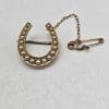 15ct Yellow Gold Seed Pearl Horseshoe / Equestrian Brooch - Antique / Vintage