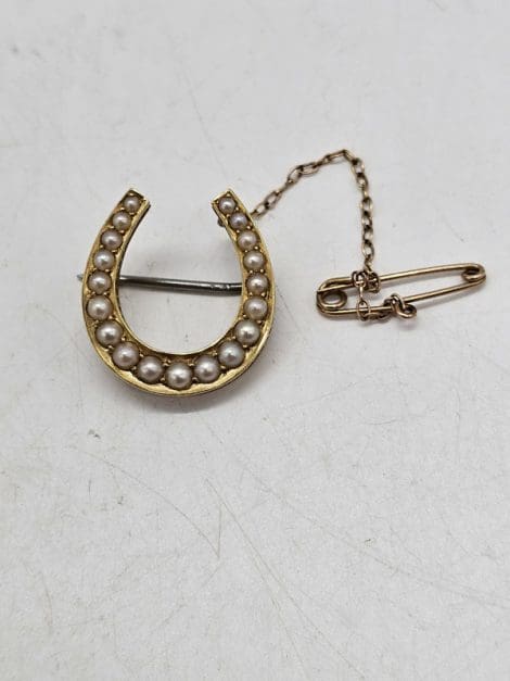 15ct Yellow Gold Seed Pearl Horseshoe / Equestrian Brooch - Antique / Vintage