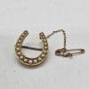 15ct Yellow Gold Seed Pearl Horseshoe / Equestrian Brooch - Antique / Vintage