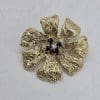 14ct Yellow Gold Sapphire and Diamond Large Flower Brooch - Vintage / Antique
