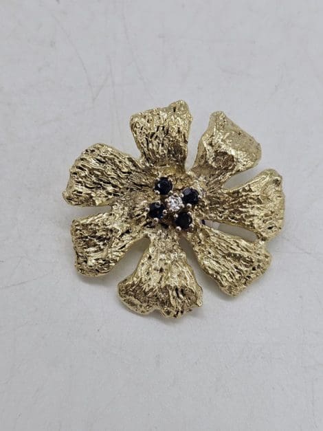 14ct Yellow Gold Sapphire and Diamond Large Flower Brooch - Vintage / Antique