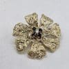 14ct Yellow Gold Sapphire and Diamond Large Flower Brooch - Vintage / Antique