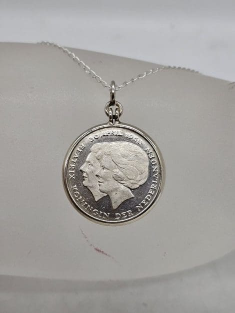 Sterling Silver Gulden Netherlands Coin Pendant on Silver Chain - Vintage