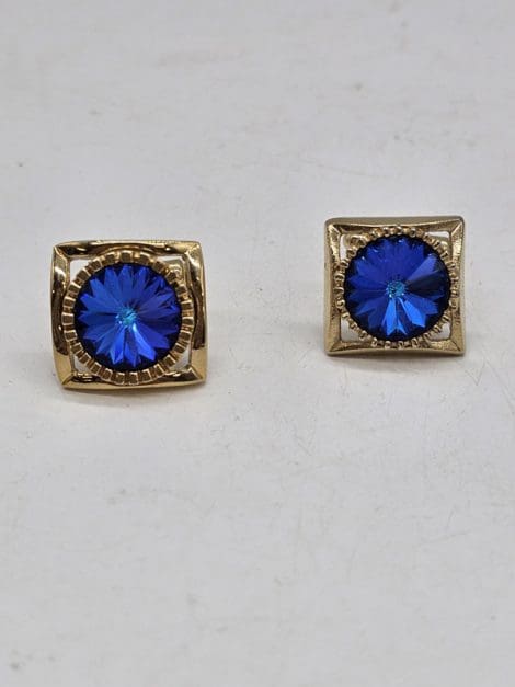 Plated Blue Mystic Square Cufflinks - Vintage Costume Jewellery