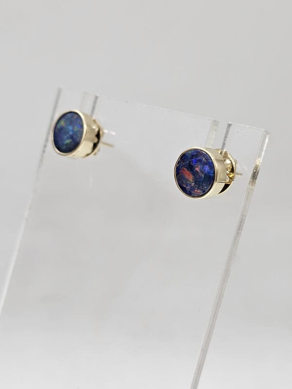 9ct Yellow Gold Opal Cooper Pedy Doublet Blue with Multi-Colours Round Bezel Set Studs Earrings - Large