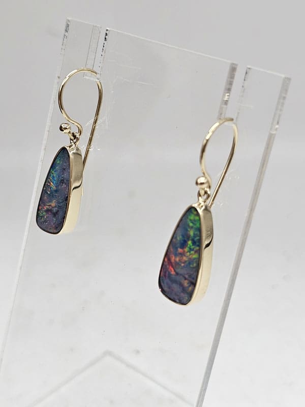 9ct Yellow Gold Opal Cooper Pedy Doublet Blue with Multi-Colours Triangular Drop Earrings 9ct Yellow Gold Opal Cooper Pedy Doublet Blue with Multi-Colours Triangular Drop Earrings